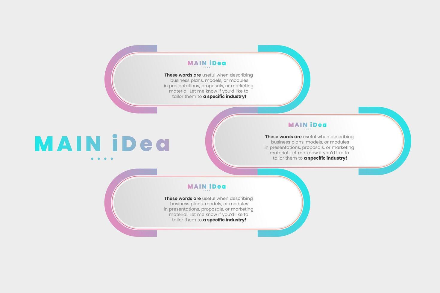 infographic uses three horizontally elongated capsules to present key business concepts, with gradient color show the steps of workflow presentation illustration vector
