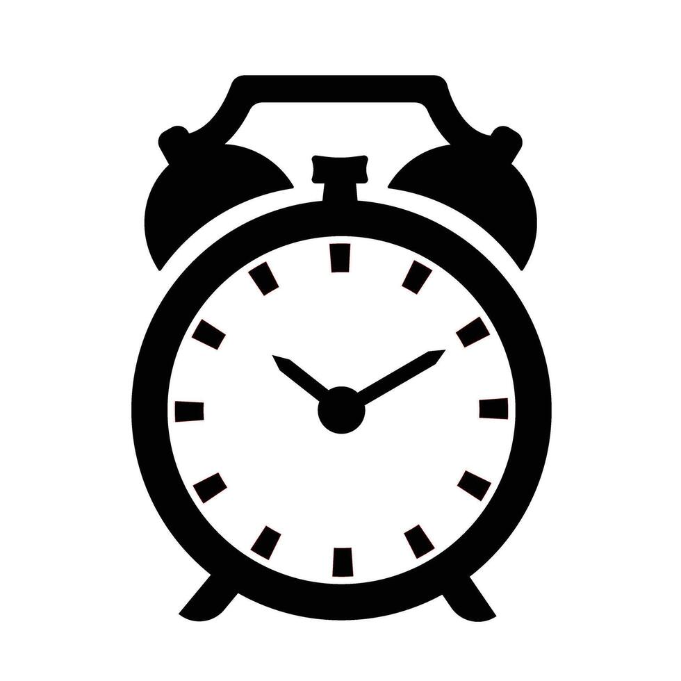 Black and White Alarm Clock Retro Twin Bell Classic Outline Style Isolated on silhouette White Background High Resolution Minimal Design Symbol for Sleep Wake Up Timer Bedtime and Morning Routine jpg vector