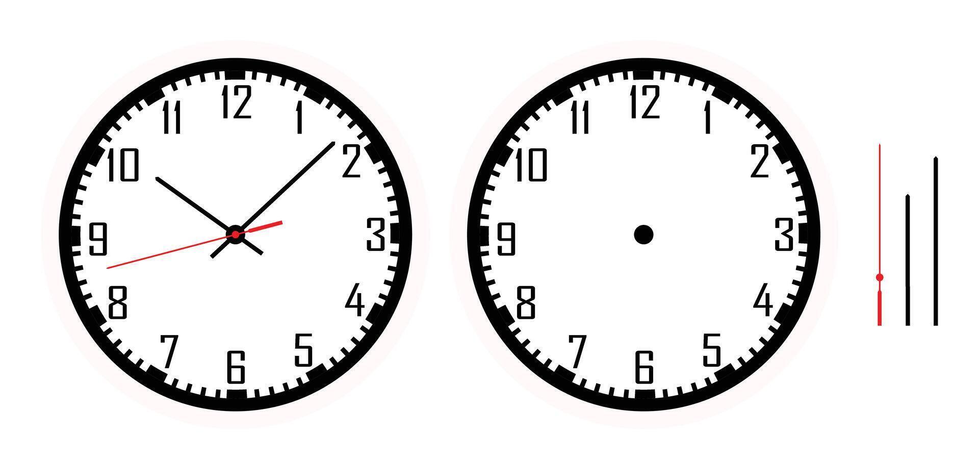 Realistic simple minimalist round hanging wall clock isolated with classic dial, hour and minute pointers, simple modern design, isolated on white background ideal for office home or infographic use. vector