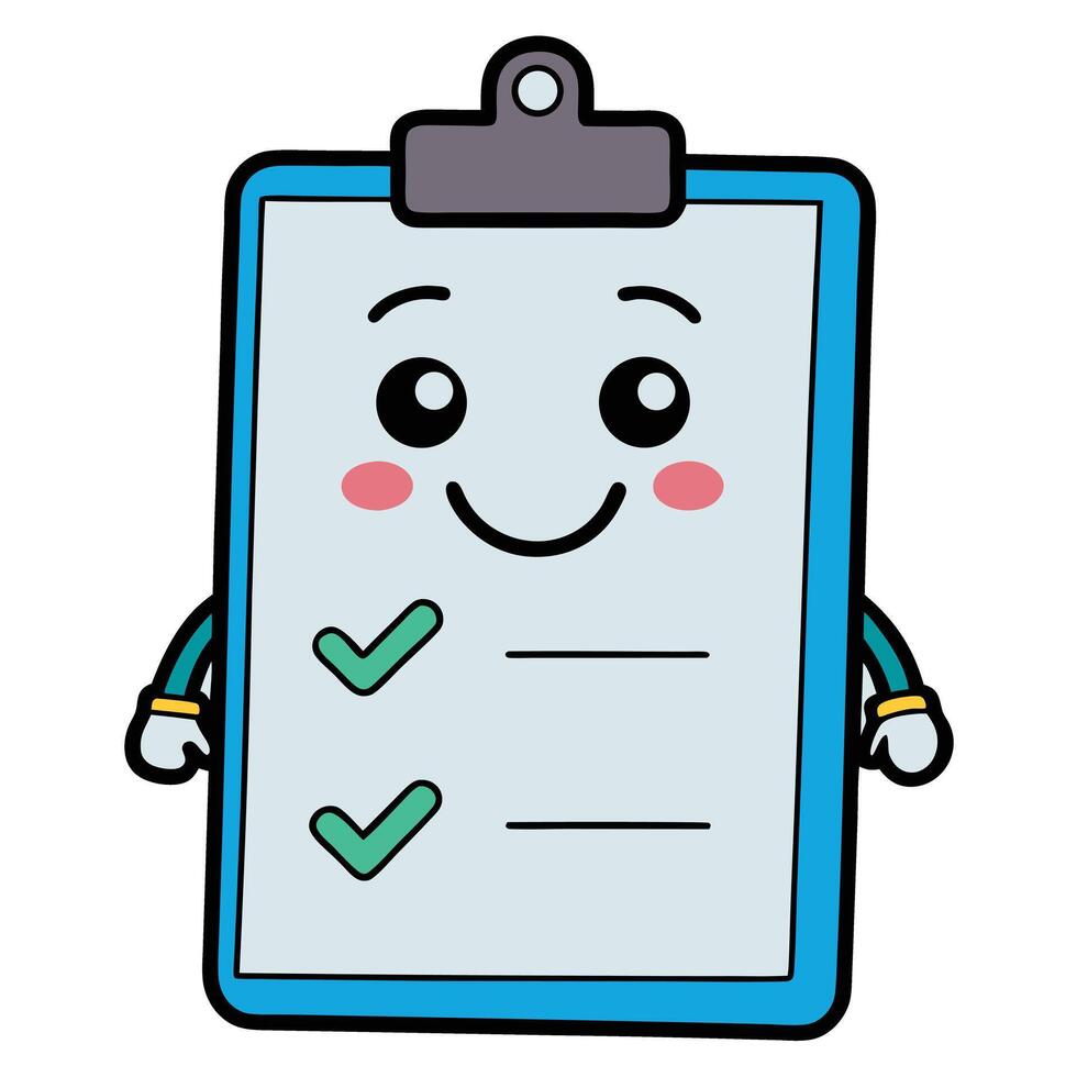 Cute cartoon clipboard checklist character with a happy face on transparent background vector