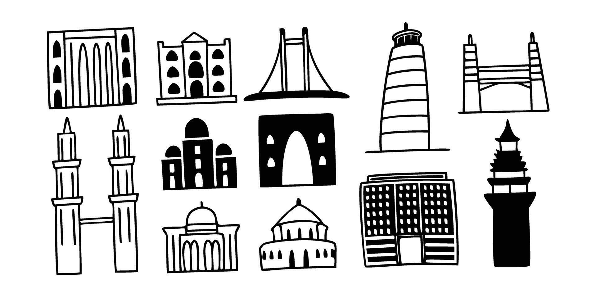 Hand Drawn Landmark Building Icons in Black and White on Transparent Background collection hand drawn landmark vector