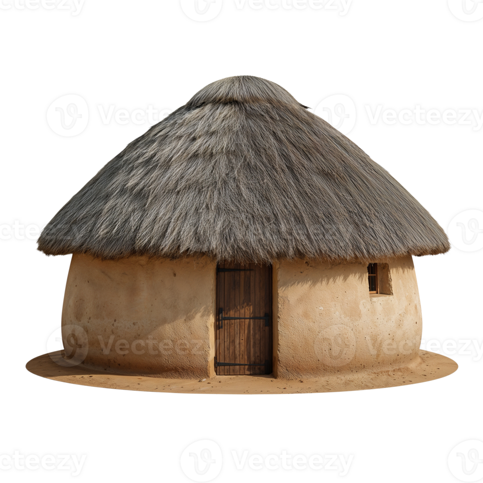 Solitary primitive dwelling with thatched conical roof standing alone on plain ground png