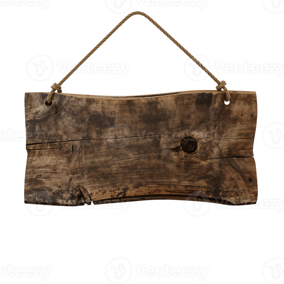 Rustic wooden signboard hanging from a rope, isolated to emphasize weathered texture and natural png