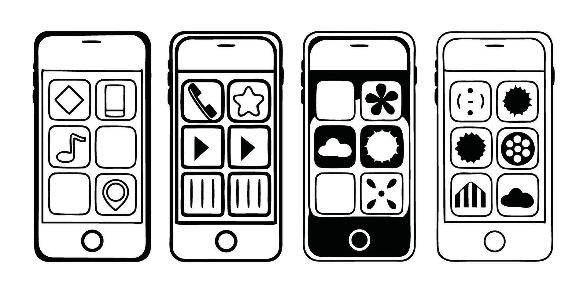 Stylized Smartphone Icons with Different App Layouts in Black and White on transparent background This vector