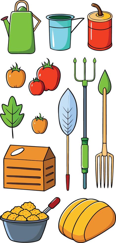 Cartoon Gardening Tools and Vegetables Illustration on Transparent Background vector