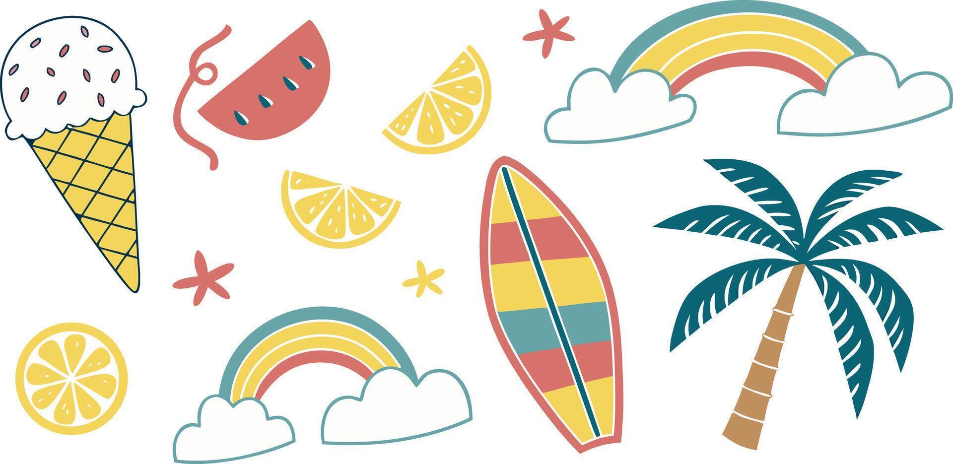 Summer themed pattern with watermelon surfboard on transparent background vector