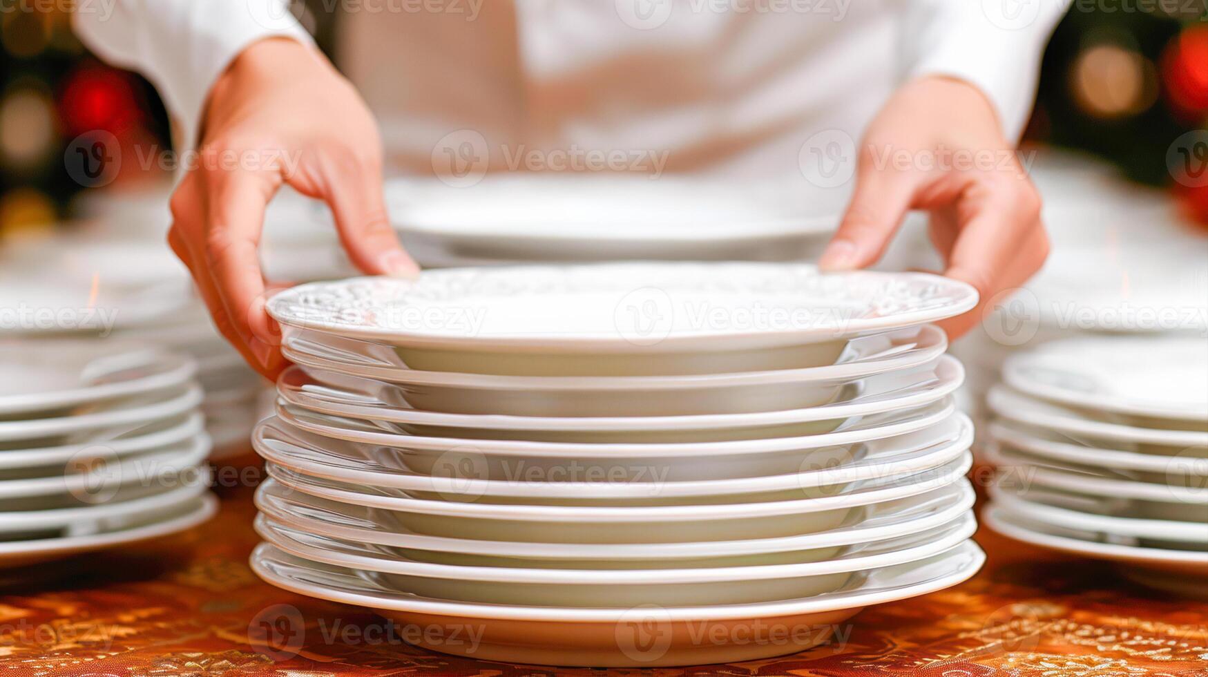 Hands stacking white plates on a decorative tablecloth in a festive dining setting with blurred background photo