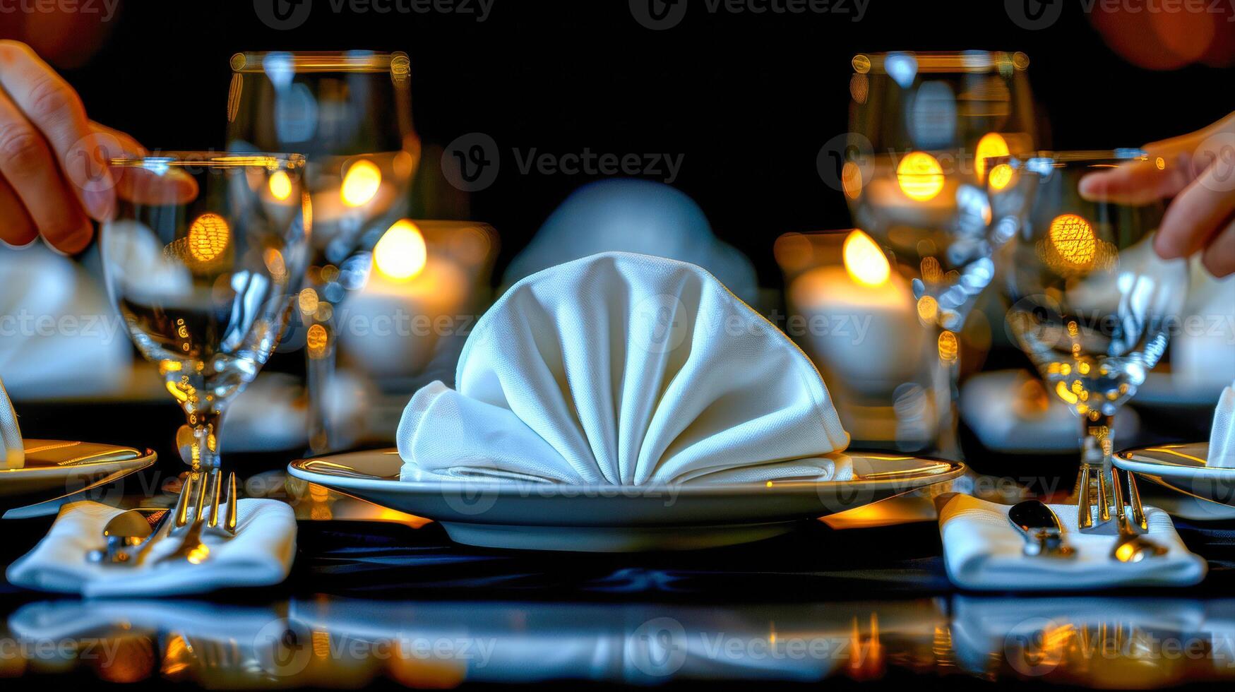 Elegant dining table setting with folded napkin and sparkling glassware for special occasions photo