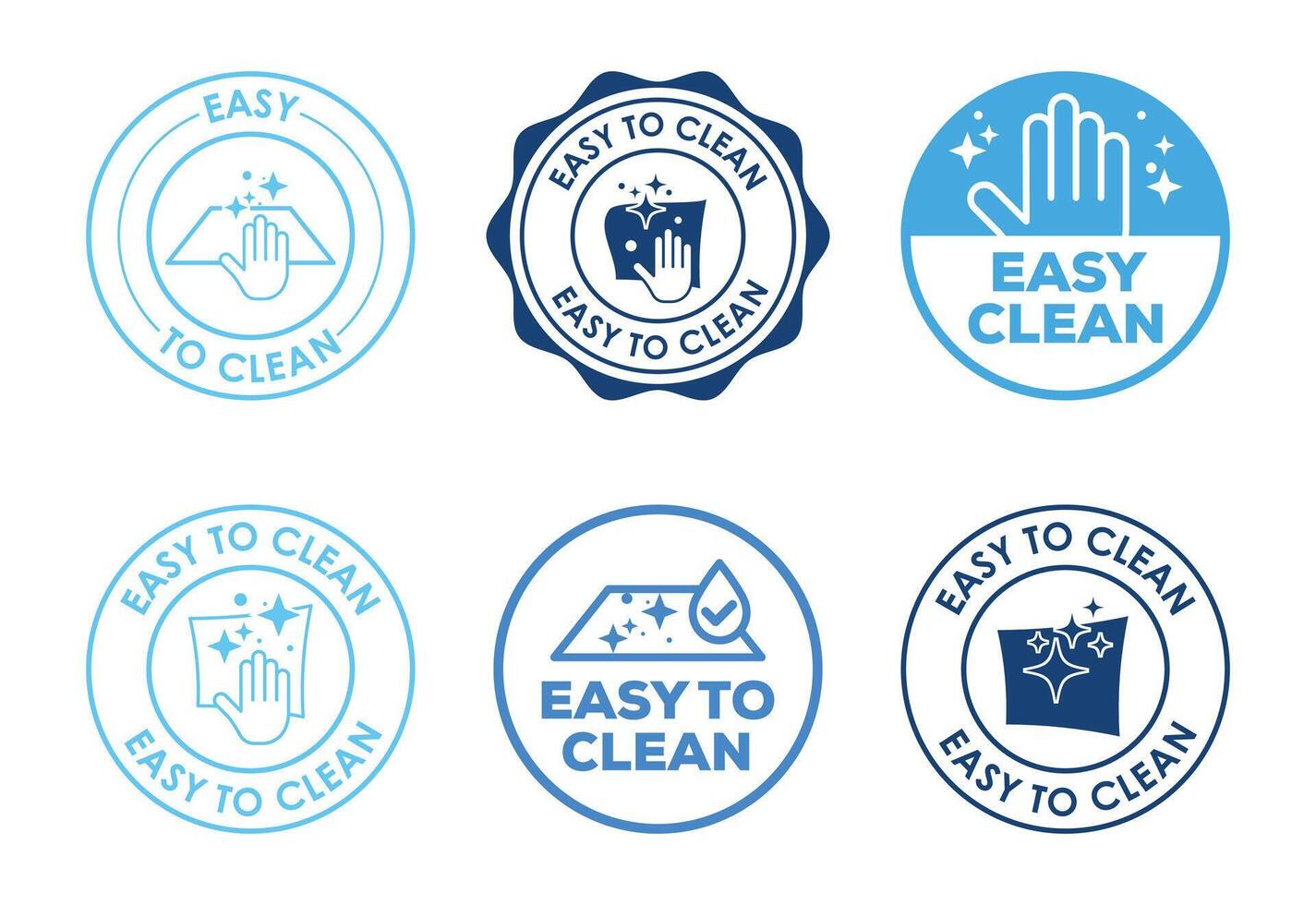A collection of six circular badges with blue and light blue designs, indicating 'Easy to Clean' product features and quality. vector