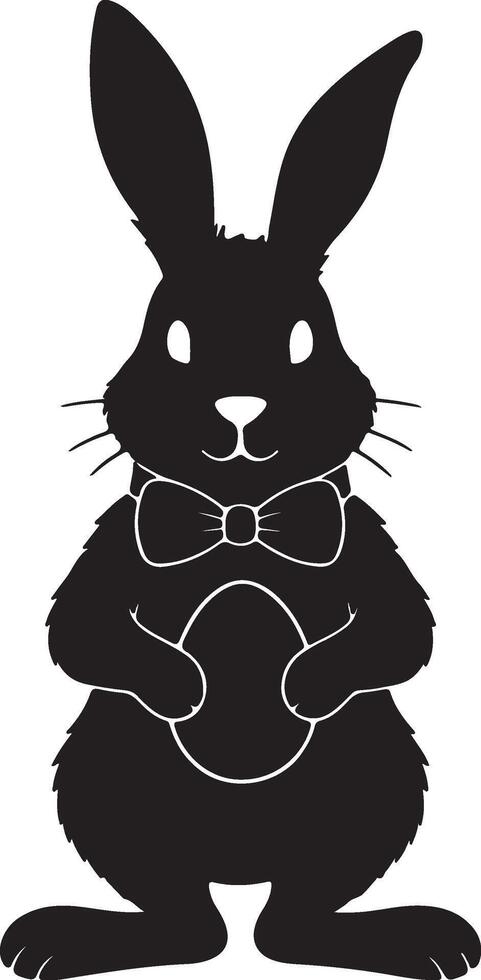 Silhouette of an Easter bunny wearing a bow tie and holding an egg on white background vector