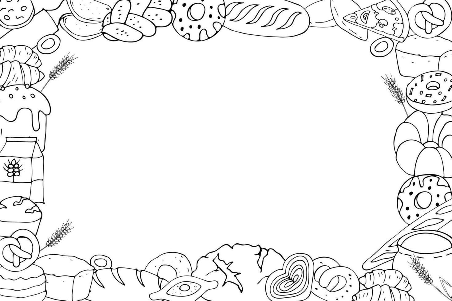 Horizontal frame of hand drawn outline drawings of bread, pies and buns in cartoon style on white background. vector