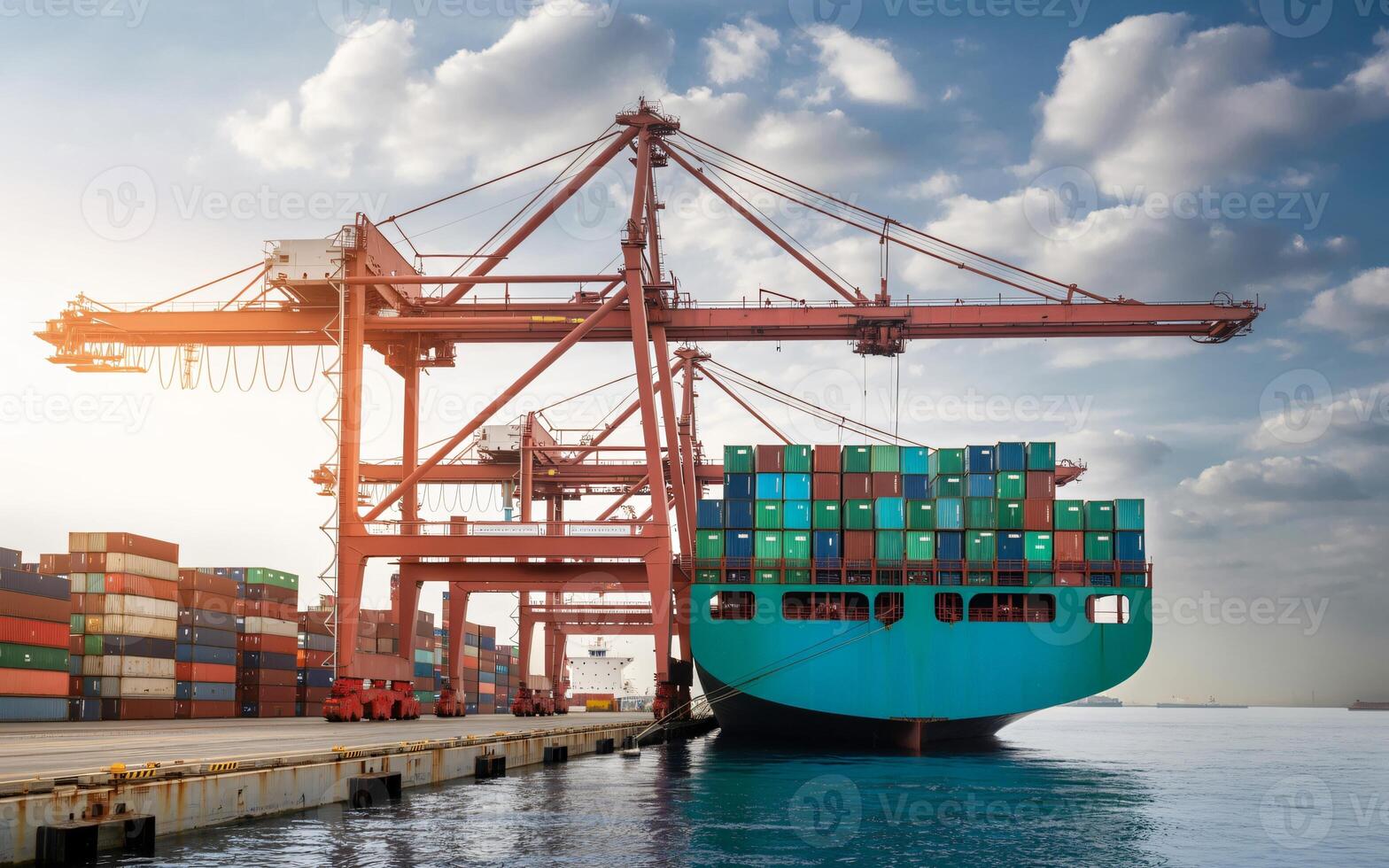 Massive container ship being loaded at a busy port under a dramatic sky photo