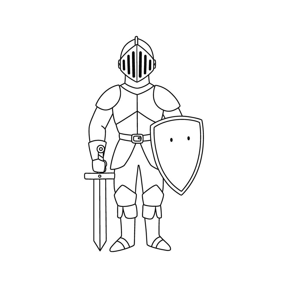 Medieval Knight in Full Armor with Sword and Shield Line Art Illustration vector