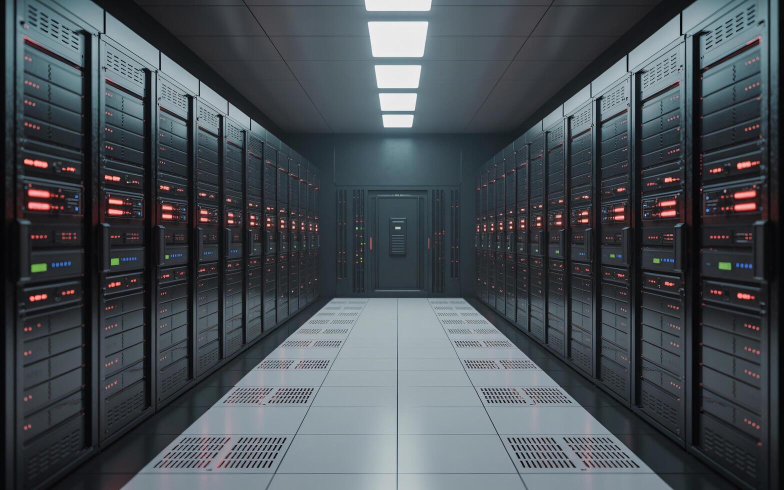 Modern server room with rows of racks and glowing indicator lights photo