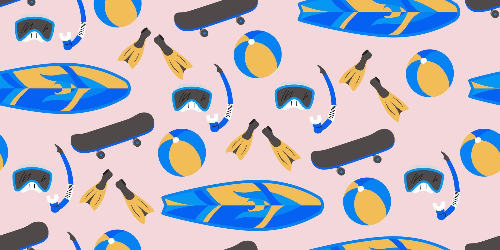 Seamless pattern with equipment for summer sports. Background with surfboard, skateboard, diving mask, fins, pool ball. Objects for activities on the beach and sea vector