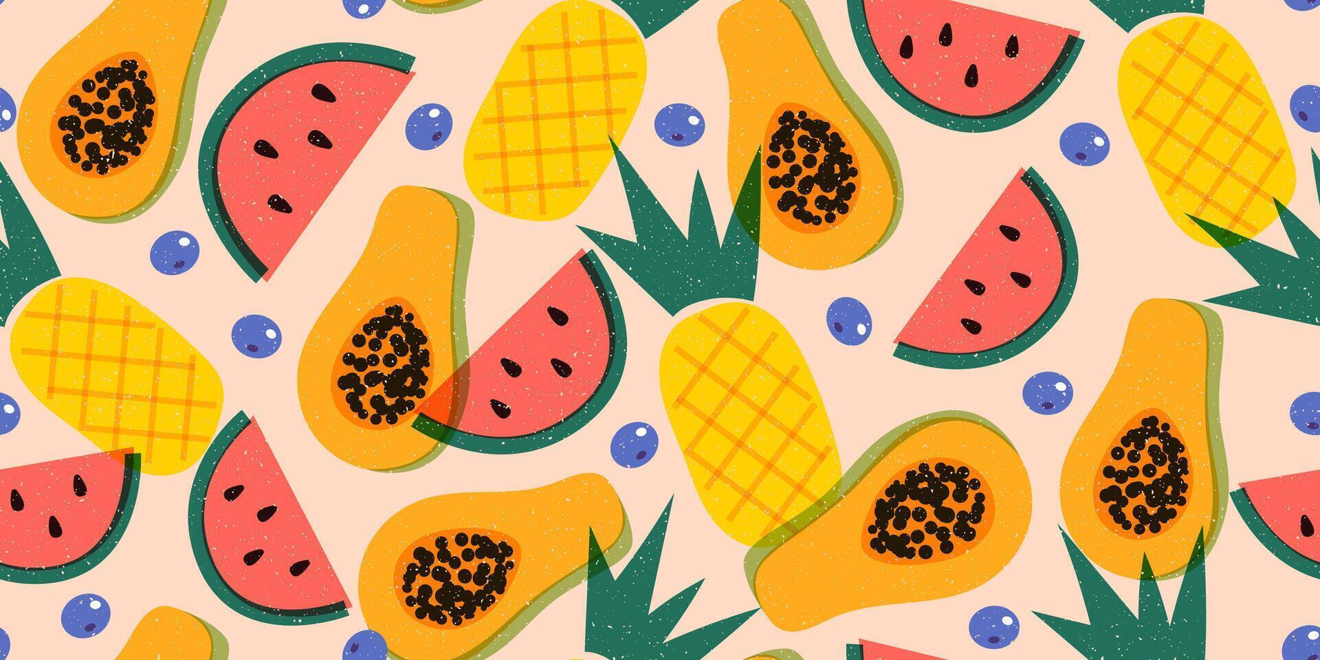 Summer seamless pattern with tropical fruits. Trendy risograph style. Background with pineapple, watermelon, papaya, blueberry. Pattern with simple fruits and grain texture. 80s style design vector