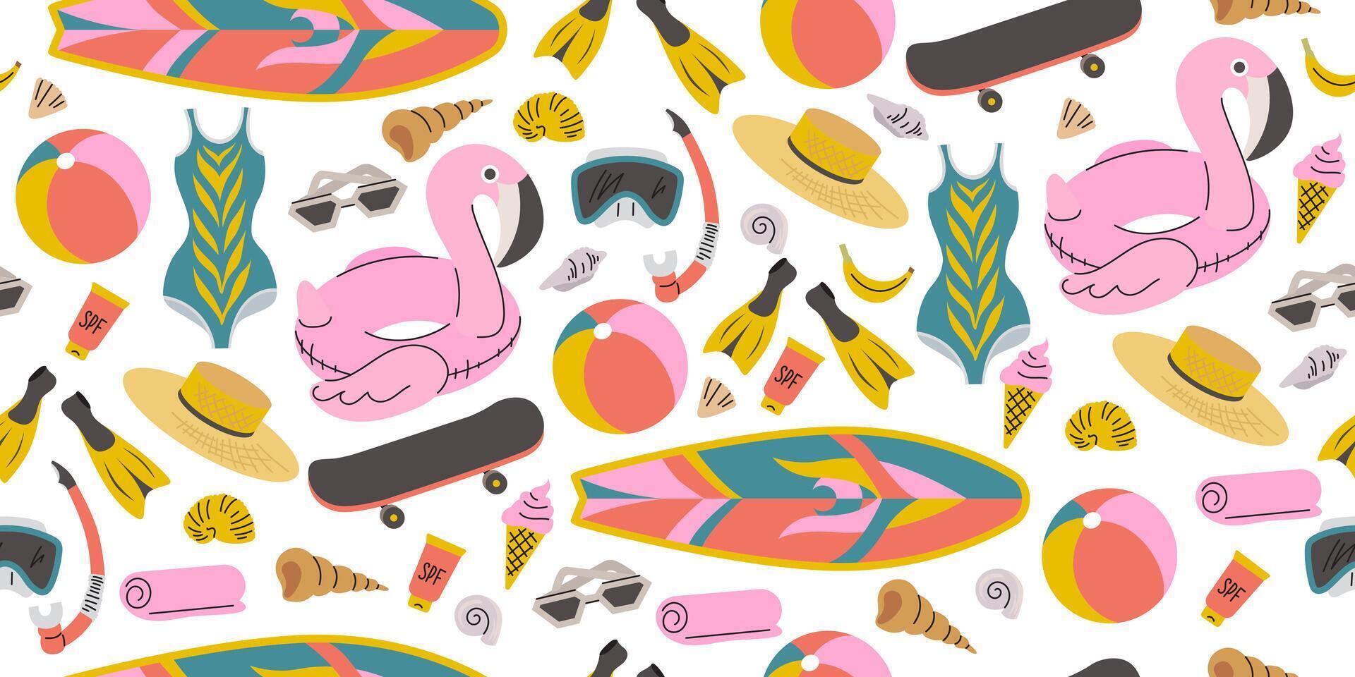 Summer seamless pattern with beach elements. Collection with flamingo inflatable circle, surfboard, skateboard, swimsuit, straw hat, diving mask, fins, sunglasses. Summer background vector