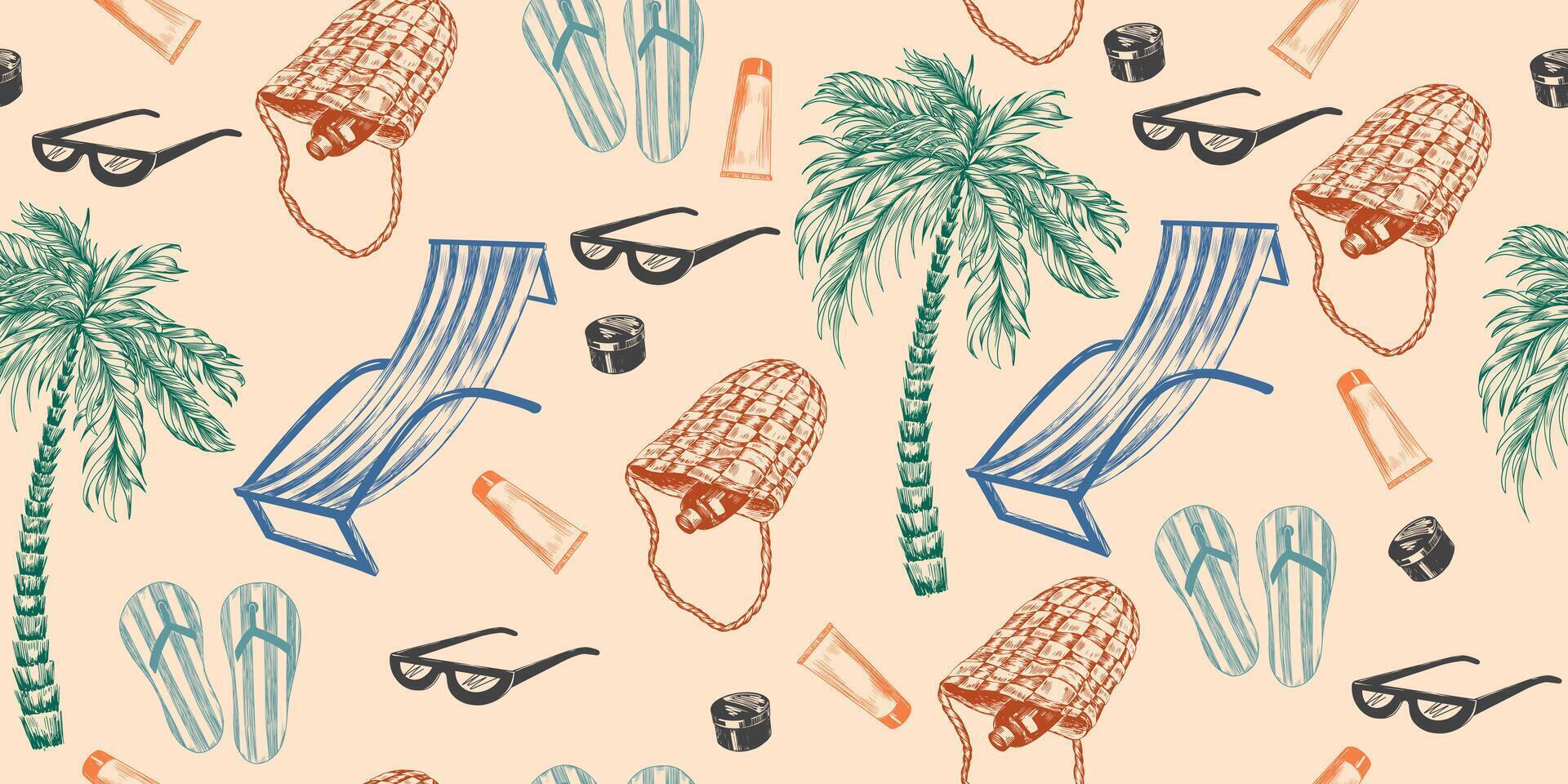 Seamless beach pattern with palm tree, sun lounger, sunglasses, sunscreen, beach bag, flip flops. Background with design elements of seaside holidays vector