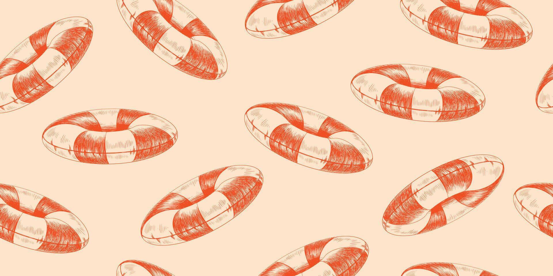 Seamless pattern with sketch style lifebuoy. Background with hand drawn beach inflatable ring. Texture with engraved swim ring vector