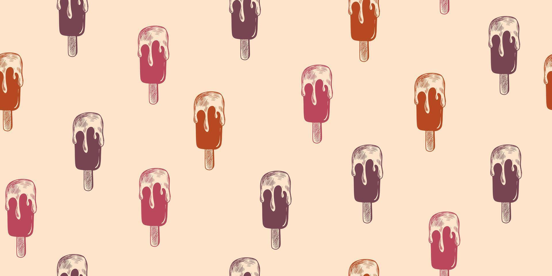 Seamless pattern with melting ice cream isolated on beige background. Summer background with cold dessert vector