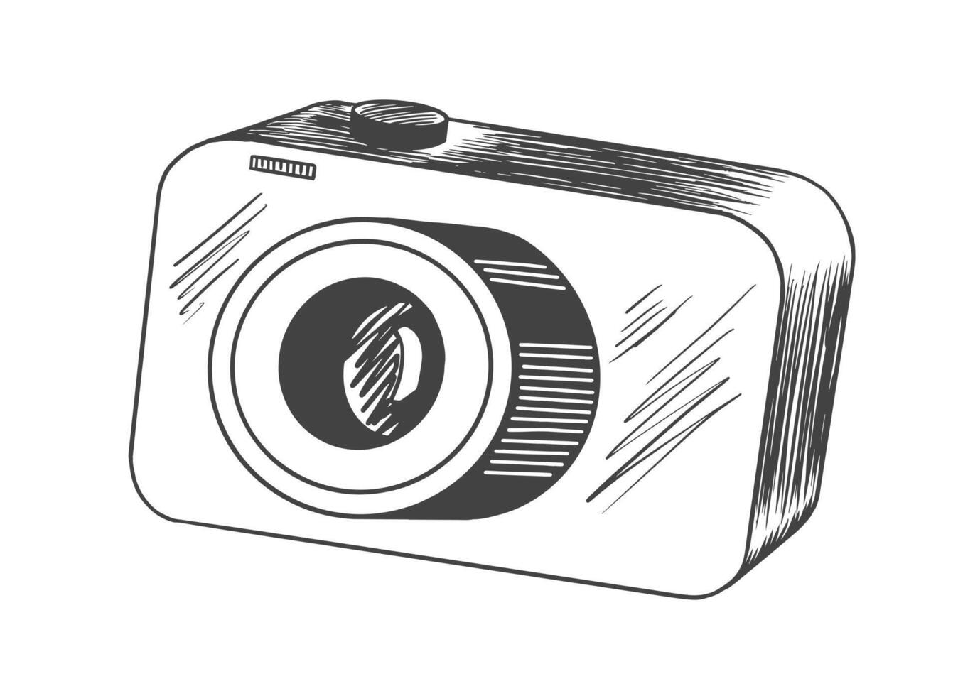 Sketch style camera. Black and white linear photo camera isolated on white background vector