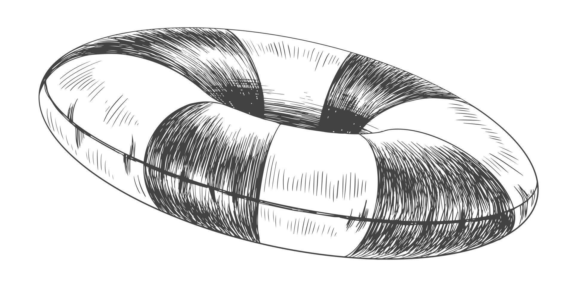 Sketch style lifebuoy. Black and white hand drawn beach inflatable ring. Engraved swim ring isolated on white background vector