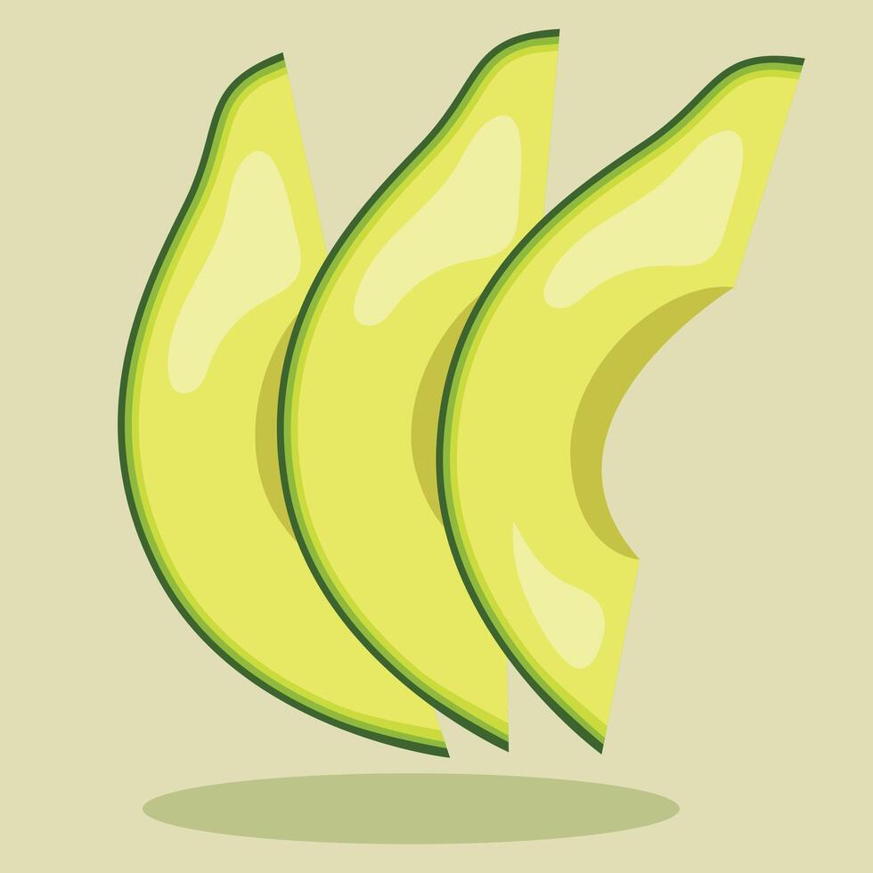 Three avocado slices arranged vertically, showcasing their vibrant green and yellow hues against a soft beige background. vector