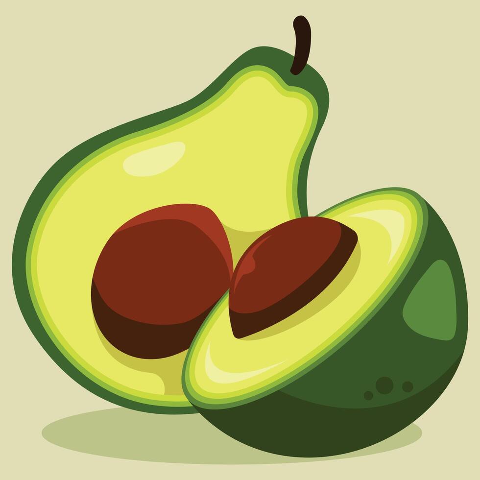 Two avocado halves, one with a seed, are depicted in a stylized illustration against a light background. vector