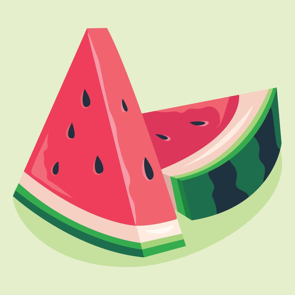 Two slices of watermelon, one upright and one slightly behind, showing the red flesh, black seeds, vector