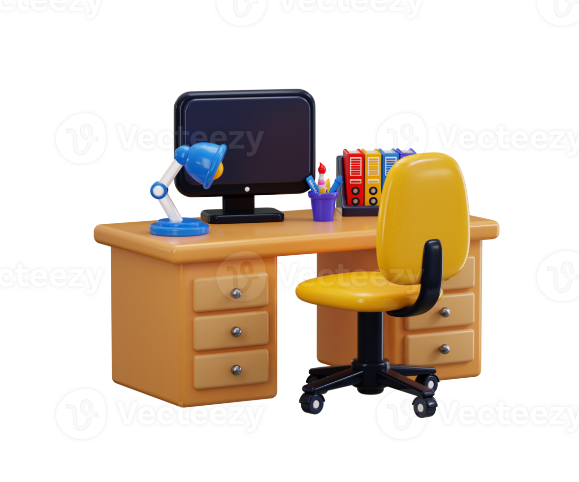 Office desk and chair icon set 3d render concept of Office interior on monitor with File binders, table lamp with Stationery icon full office desk setup icon illustration png