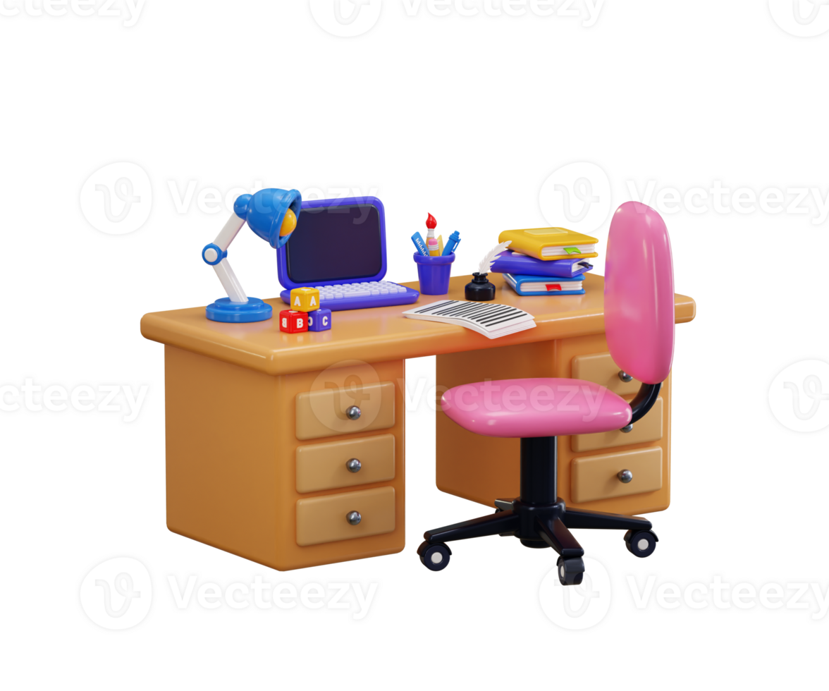 Study desk and chair icon set 3d render concept of education desk interior on laptop with books, table lamp with Stationery icon full study desk setup icon illustration png