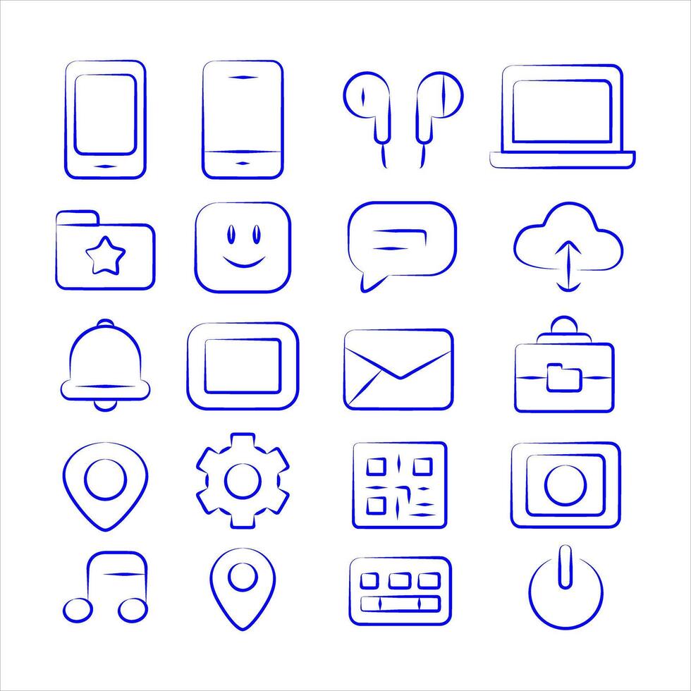 Minimalist Hand-Drawn Technology Icon Set Doodle Style Outline for Mobile, Cloud, and Digital Apps vector