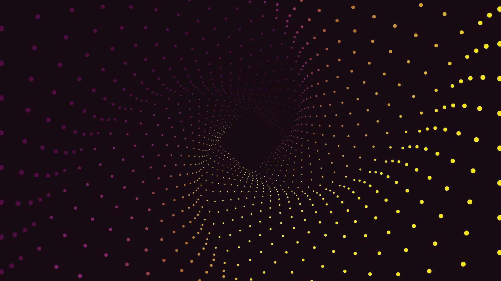 Abstract background featuring spiral wave pattern made of gradient yellow and purple dots on dark backdrop, ideal for posters, digital art, and modern graphic designs vector