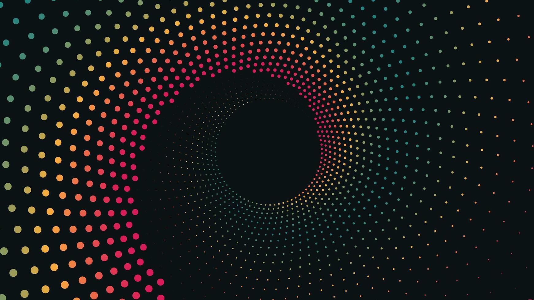 Vibrant abstract background featuring a colorful spiral halftone dot pattern on dark backdrop, ideal for posters, digital designs, presentations, and modern graphics vector