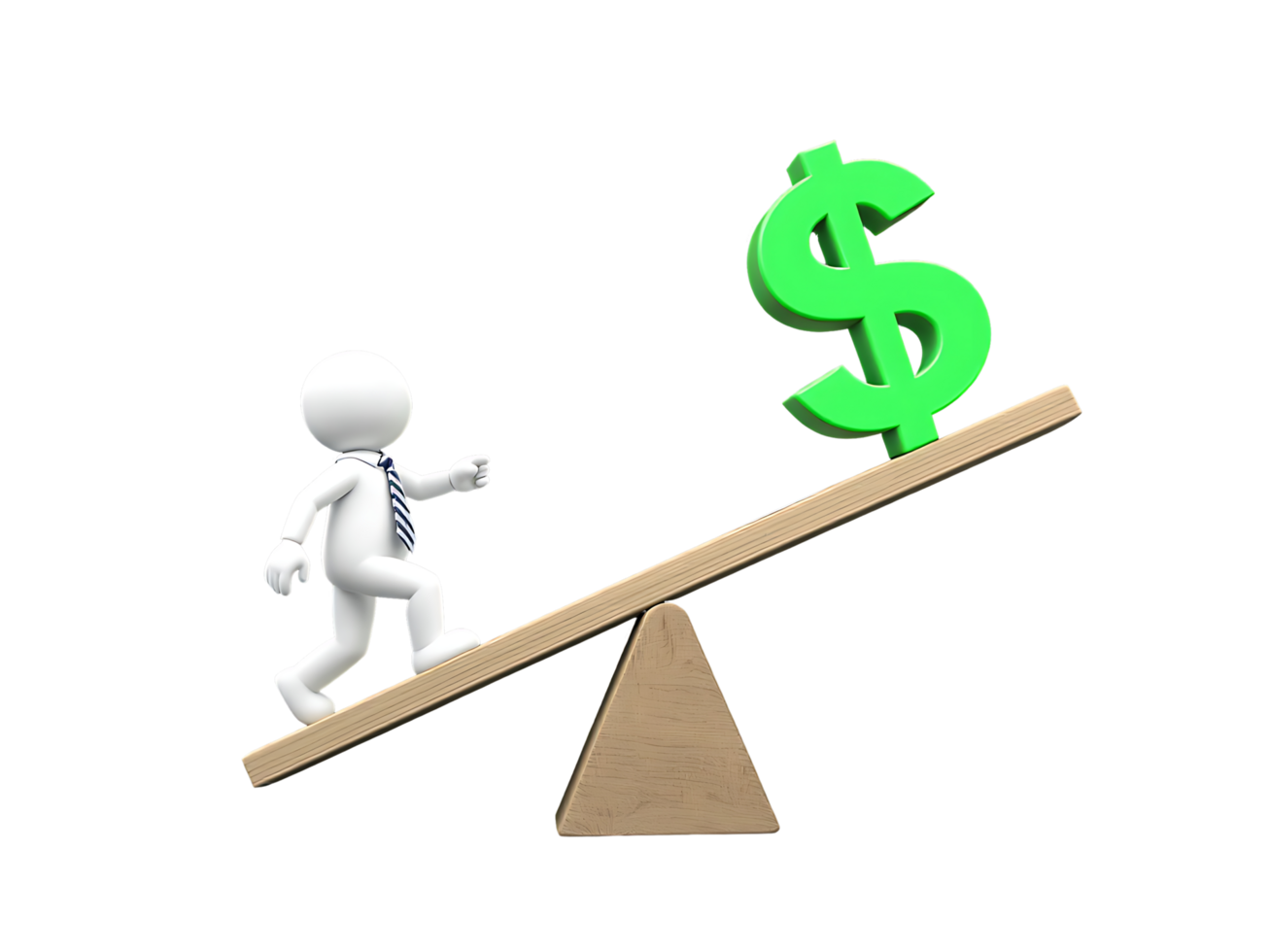 3D Businessman Balancing on SeeSaw with Dollar Sign Isolated on Transparent Background png