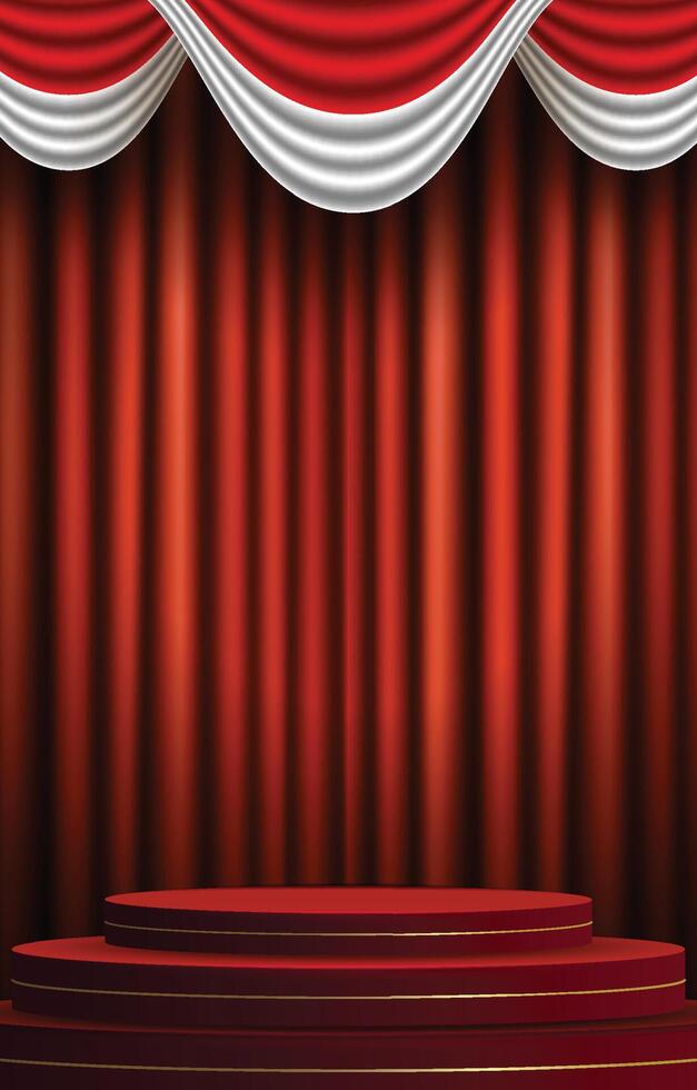 Red velvet curtain with red round podium with Indonesian, Monaco Flag for banner stage backdrop vector