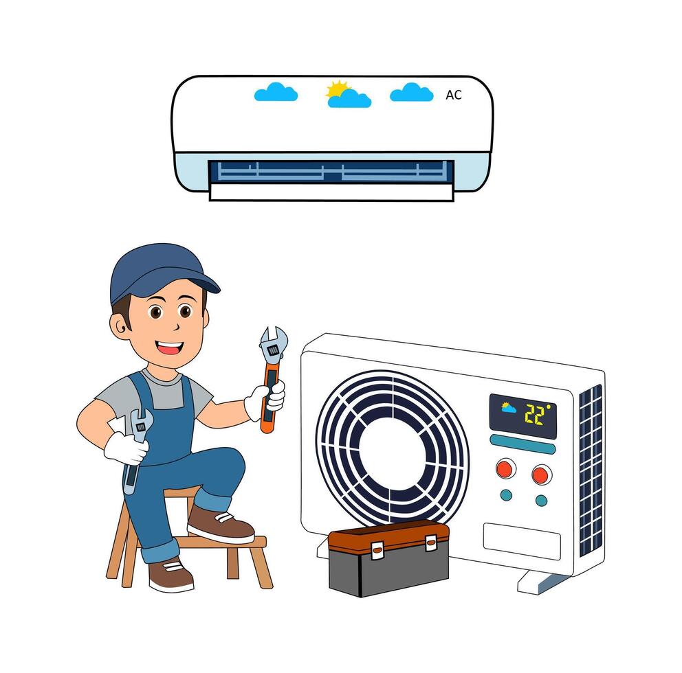 Cartoon Man Technician Rest After Fix Air Condition Simple Design Icon Digital vector
