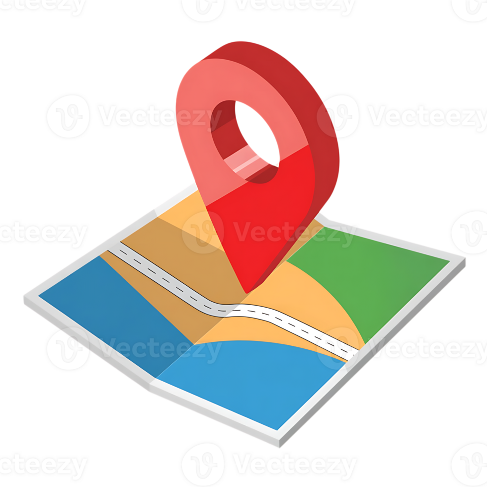 red map pointer indicates a location on a colorful map isolated on transparent background png