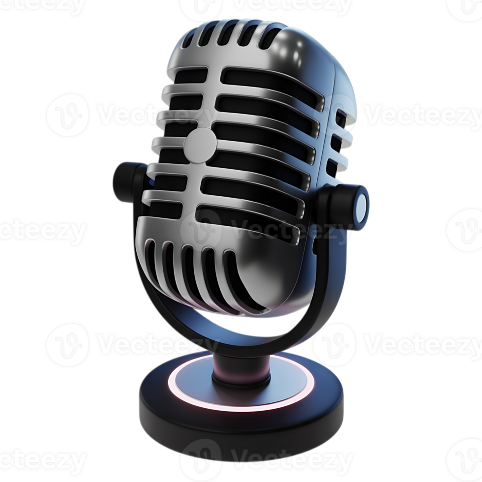 A retro silver and black microphone is isolated on transparent background, representing vintage audio technology png
