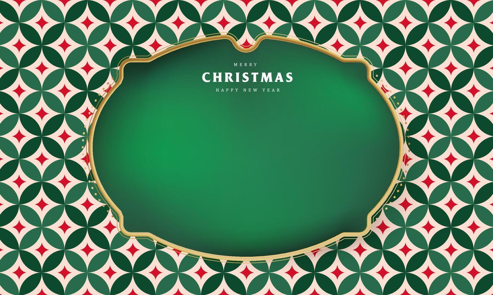 Classic christmas banner with golden frame on red and green retro pattern background for holiday greeting or promotion vector