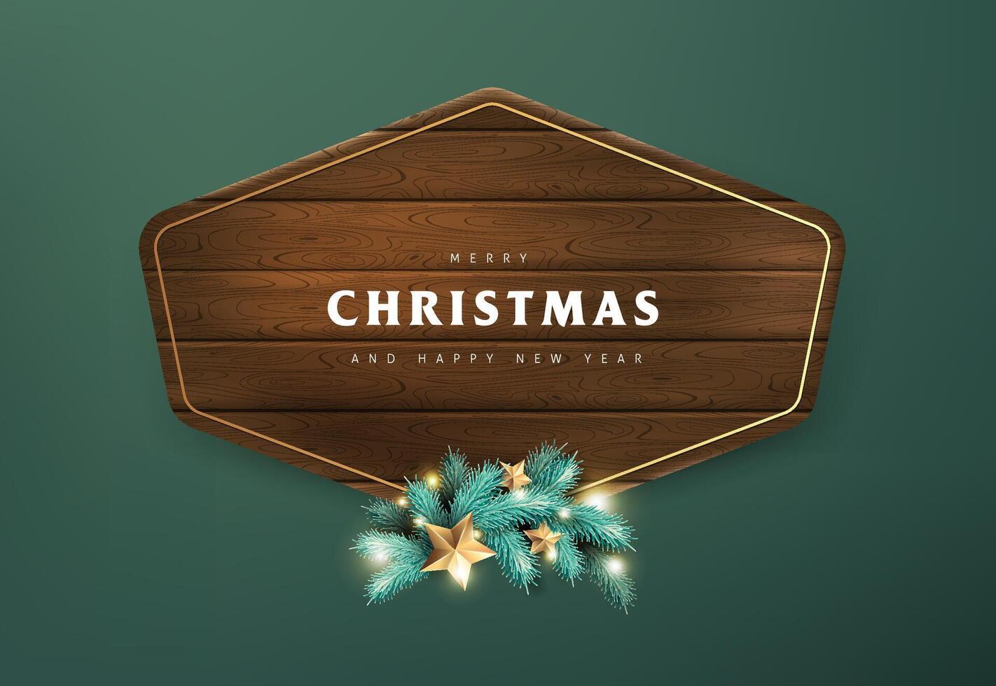 Elegant christmas banner with pine branches and golden stars on wooden frame over dark green background vector