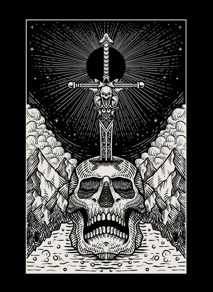 Skull with sword above illustration vector