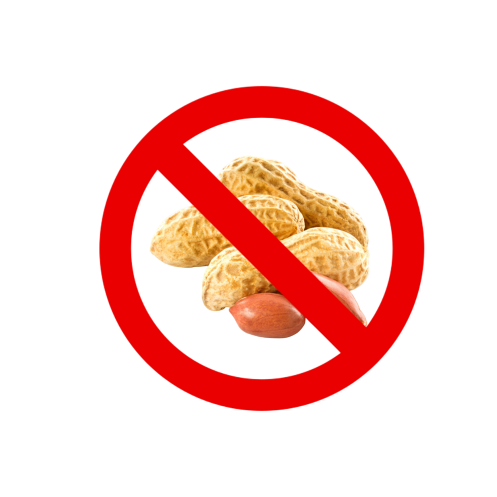 Prohibition sign with picture of peanuts under prohibition symbol in red circle isolated on transparent background. Peanut prohibition sign. No peanuts icon. png
