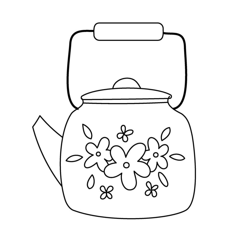 Black and white floral teapot doodle design outline with simple floral patterns isolated on white background vector
