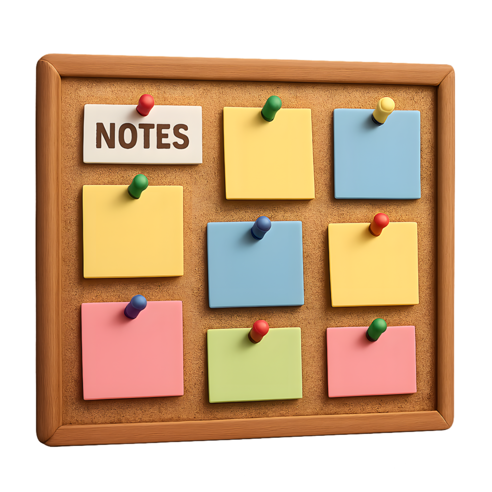 Colorful bulletin board with sticky notes and notes card png