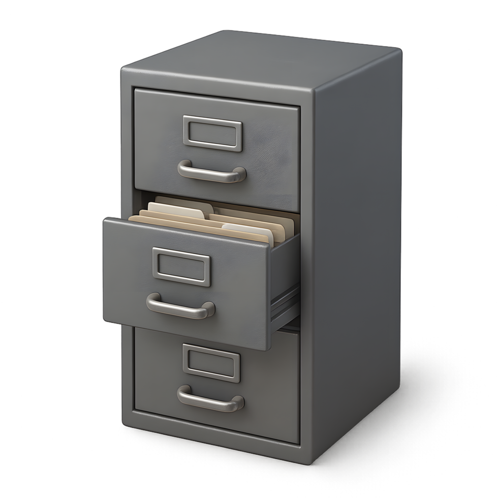 Metal filing cabinet with open drawer and folders png