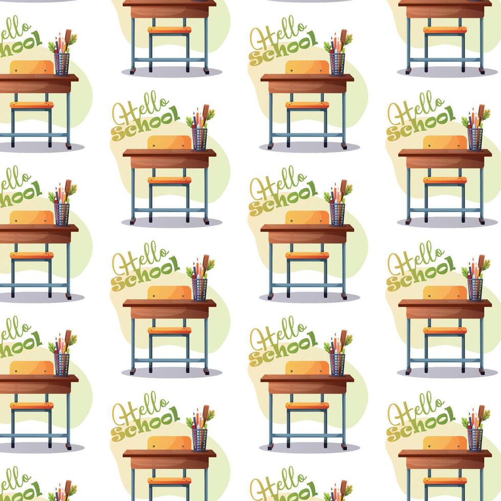 School desk with stationery and hello school text vector