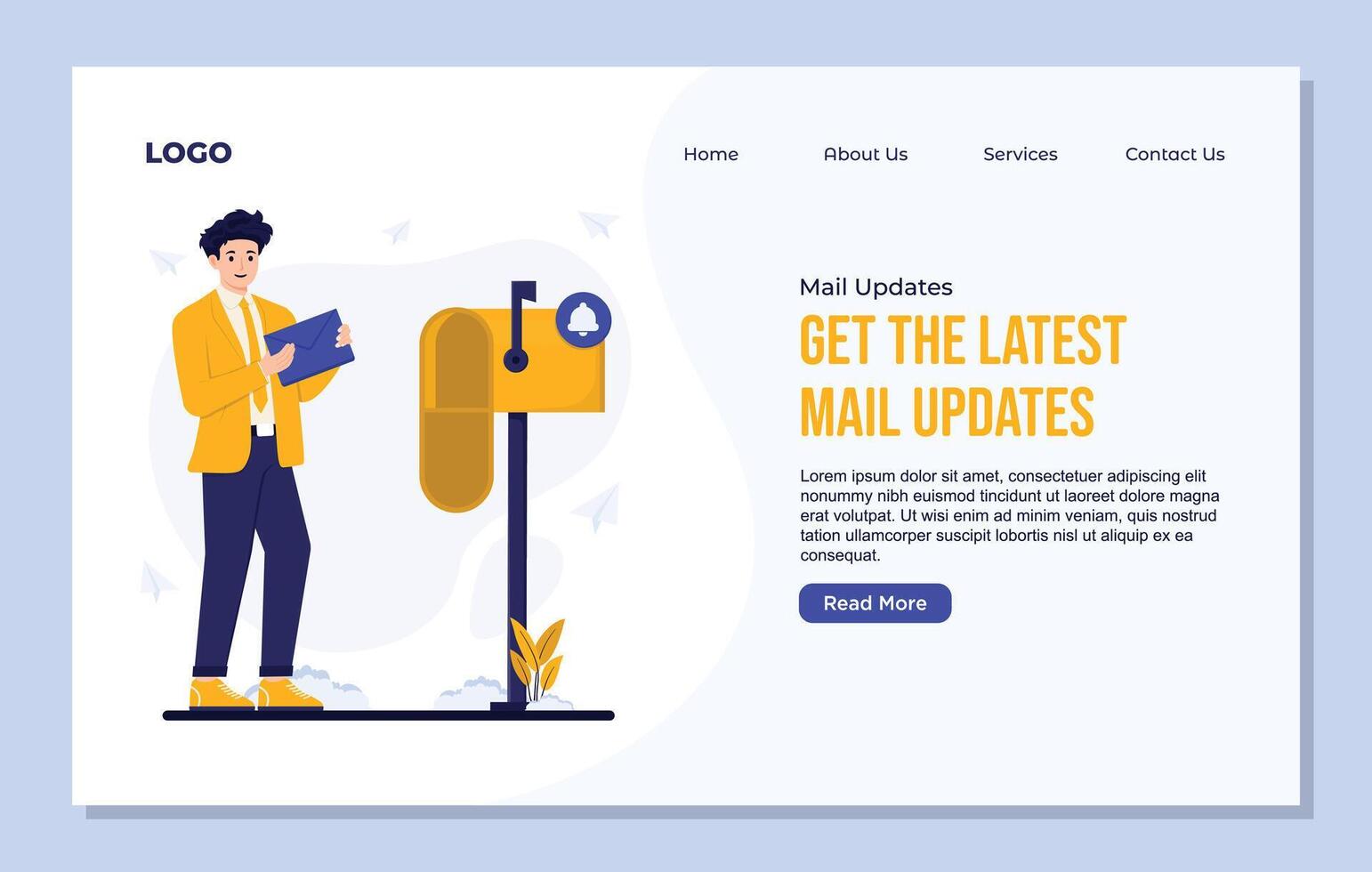 Mail Updates landing page template of Email mailbox mail. Man in yellow jacket and blue jeans standing in front of mailbox. vector