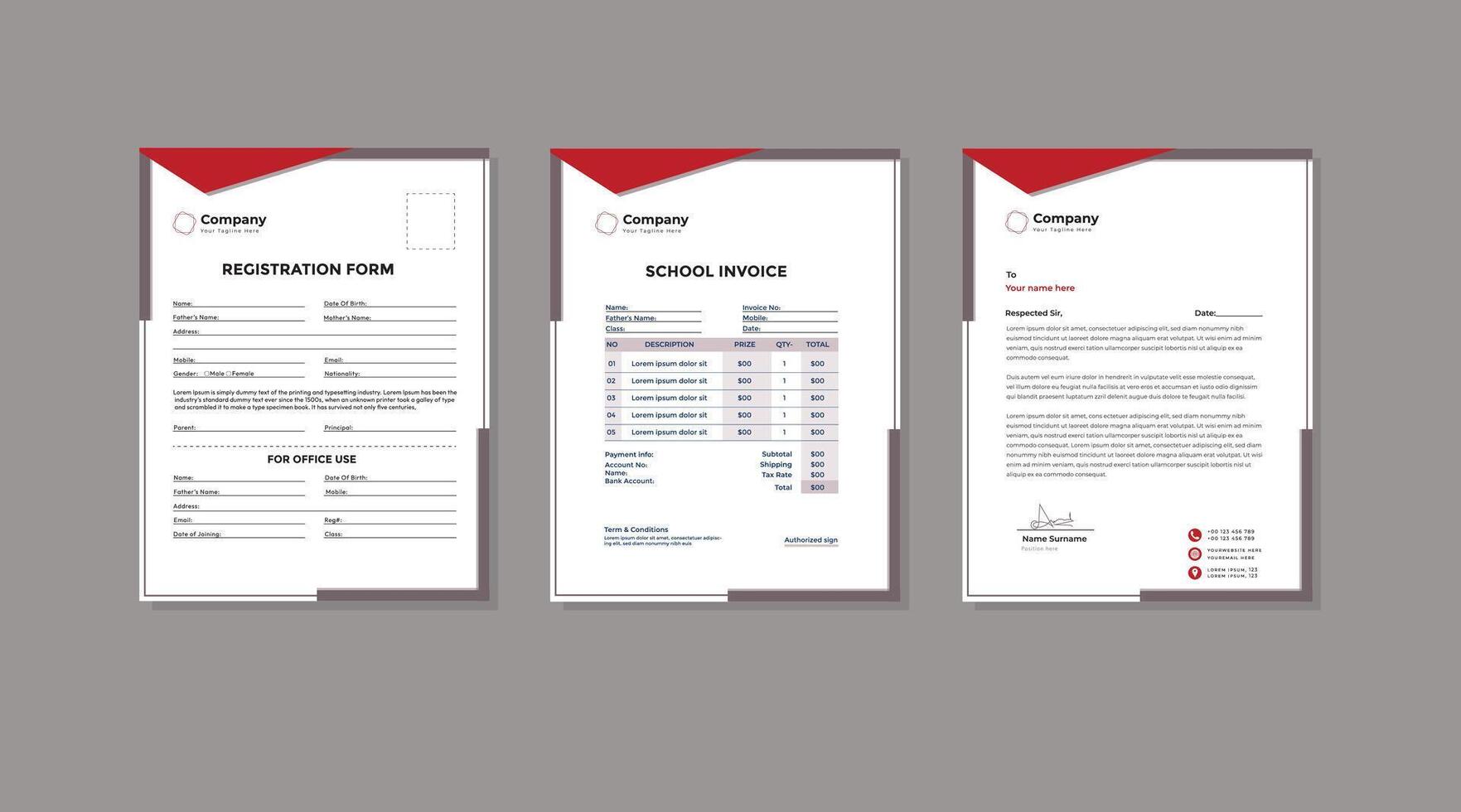 Modern kdp school registration, invoice and letterhead templates vector