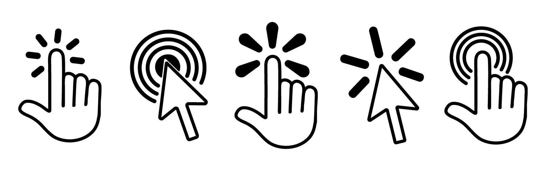 Click here icons set. Computer mouse click cursor and click with hand cursor collection vector